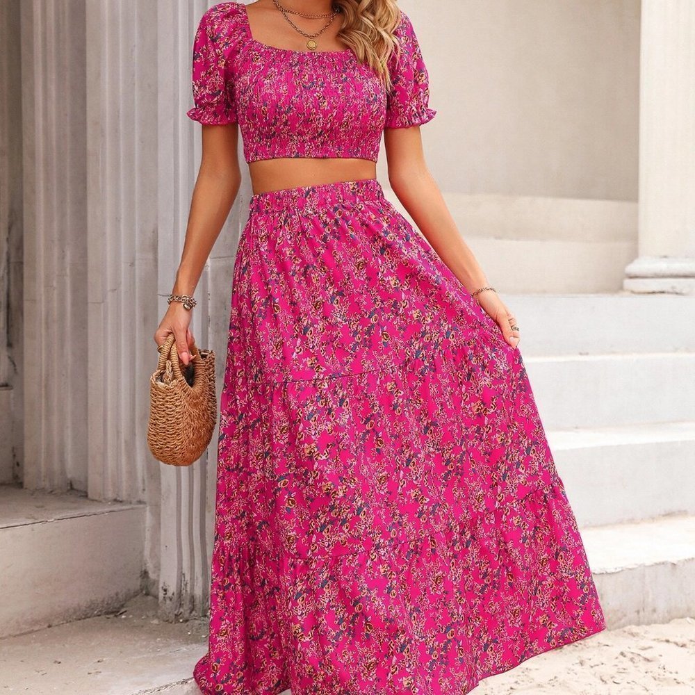 Boho Ditsy Floral Print Puff Sleeve Crop Blouse & Ruffle Hem Skirt pink - Picture 3 of 5